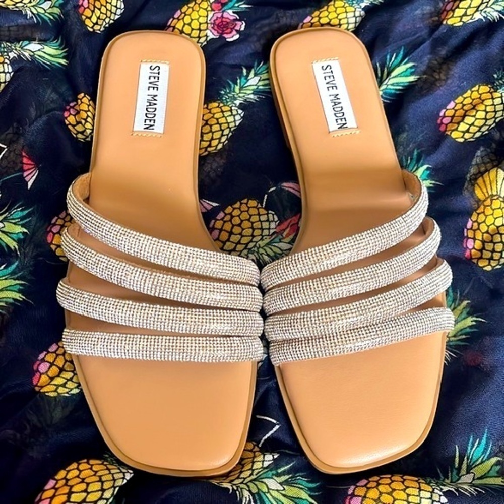 Brand New Steve Madden Rhinestone Multi-Strap Slip-On Sandals Bling Snazzy Slide - Picture 3 of 14